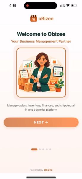 oBizee welcome screen after downloading the app