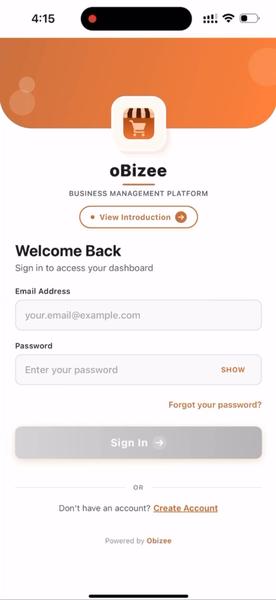 oBizee login screen with Create Account option