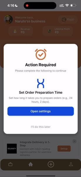 oBizee dashboard setup prompt for order preparation time