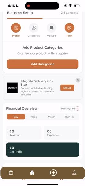 oBizee dashboard with business setup progress and categories