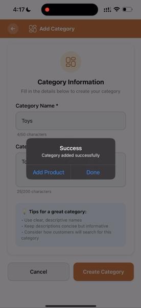 Category created successfully with option to add products