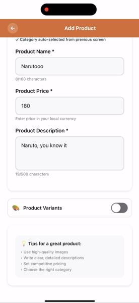oBizee product details with name, price, and description