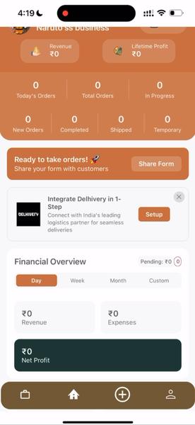 oBizee dashboard with Share Form button