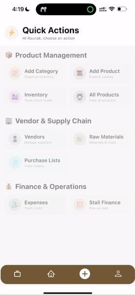 oBizee quick actions menu for product, vendor, and finance management