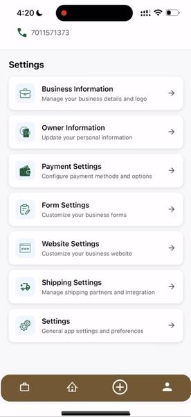 oBizee settings with website customization options