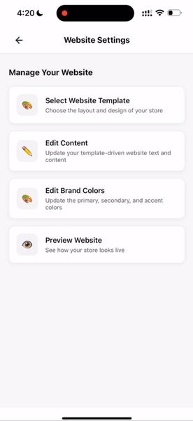 Website settings for template, content, and brand colors