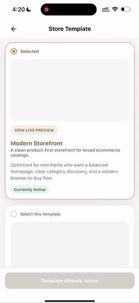 Store template selection on oBizee