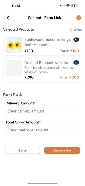 oBizee generate form link with delivery and total amount