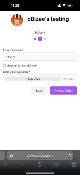 Customer selecting delivery date on oBizee order form