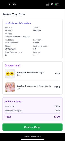 Order review page with items, delivery charges, and total
