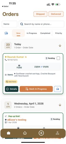 Orders dashboard showing pending and completed orders