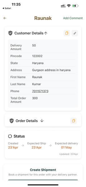 oBizee order details with customer info and shipment timeline