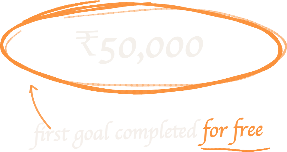 Hand-drawn note: ₹50,000 — first goal completed for free