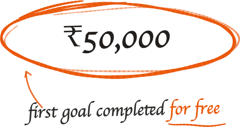 Hand-drawn note: ₹50,000 — first goal completed for free