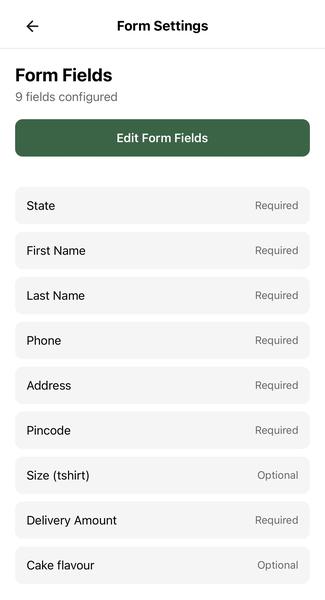 Form fields settings screen