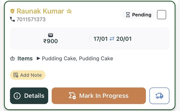 Order details card with status and dates