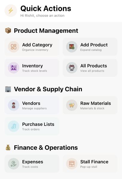 Quick actions screen showing add category and add product